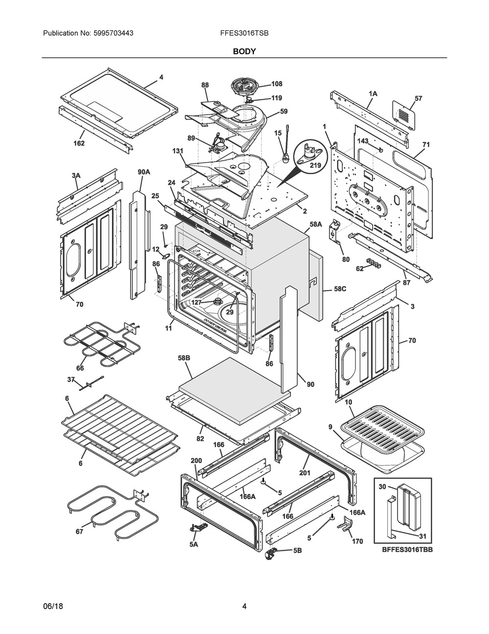 Body Diagram and Parts List for FFES3016TSB  Frigidaire Range
