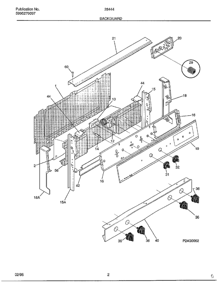 Backguard Diagram and Parts List for 284440B  Frigidaire Range