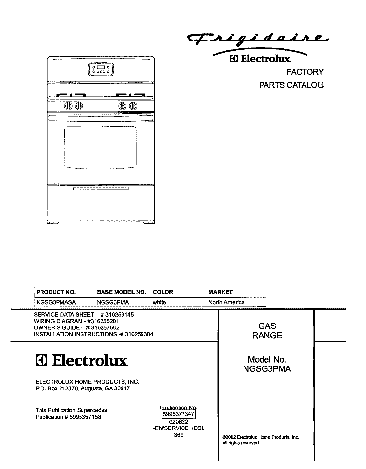 COVER Diagram and Parts List for NGSG3PMASA  Frigidaire Range