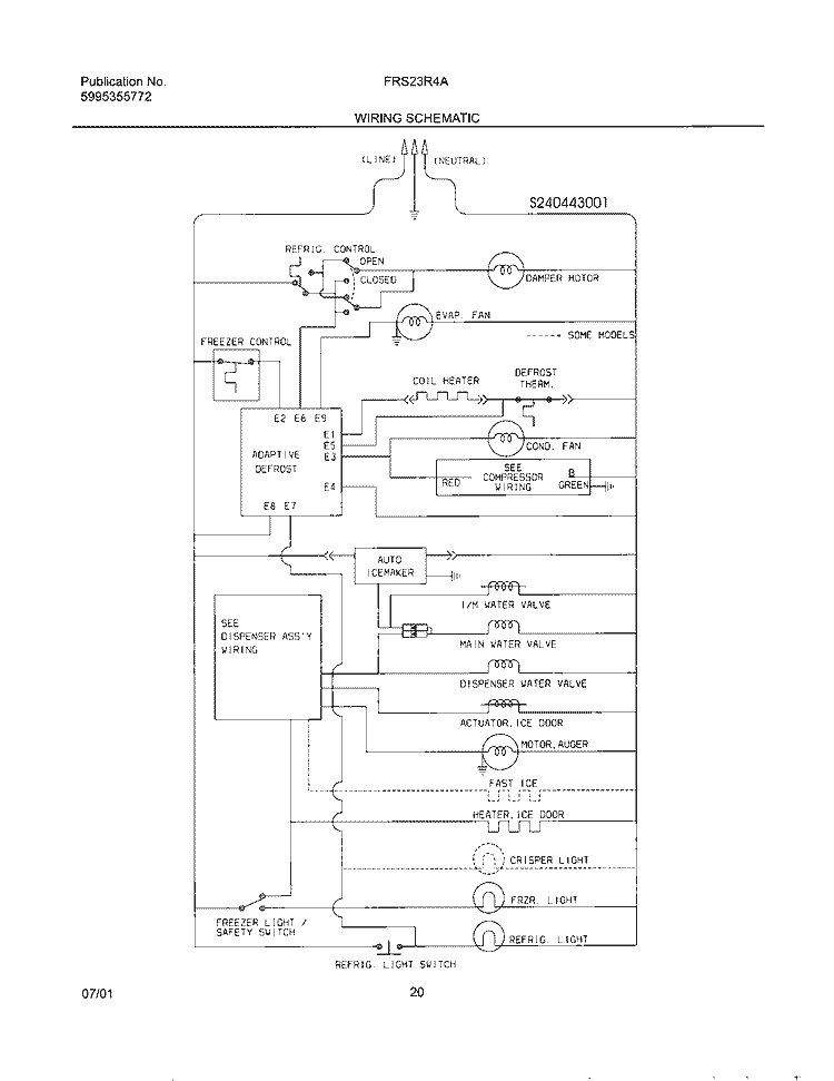 WIRING SCHEMATIC Diagram and Parts List for FRS23R4AW1  Frigidaire Refrigerator