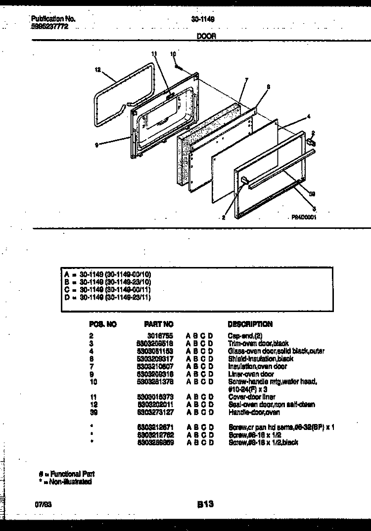 DOOR PARTS Diagram and Parts List for 30-1149-00-11  Tappan Range