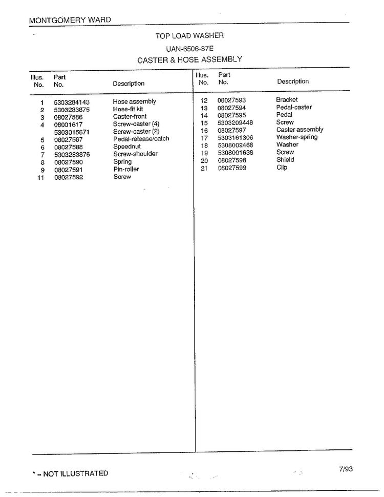 Top Load Washer/caster And Hose Assembly Page 2 Diagram and Parts List for 6506-87E  Frigidaire Washer
