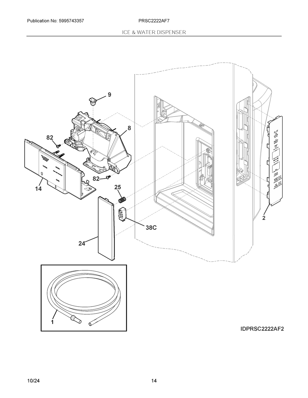 Ice And Water Dispenser Diagram and Parts List for PRSC2222AF7  Frigidaire Refrigerator