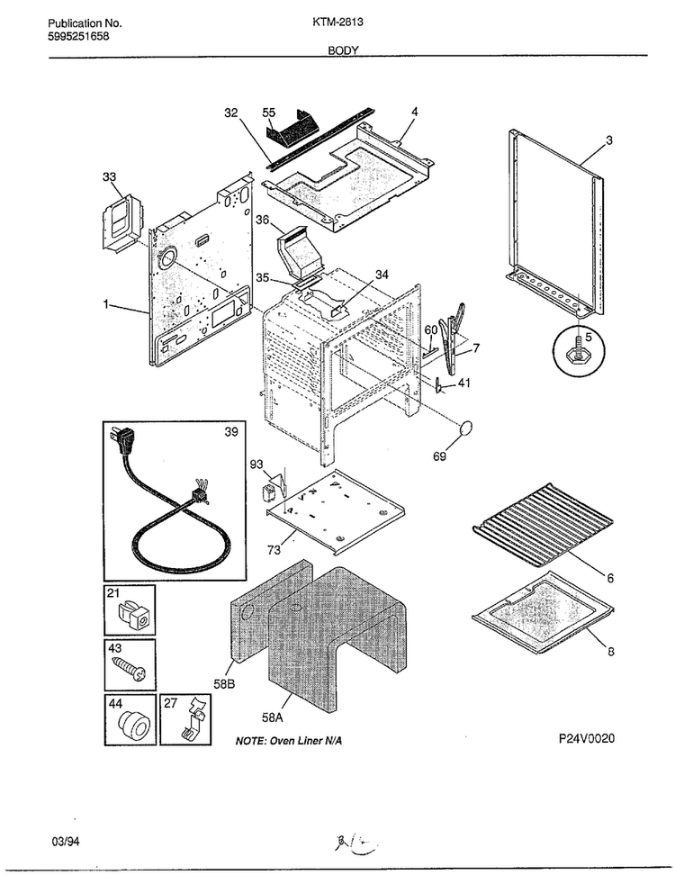 Body Diagram and Parts List for KTM-2813-80D  Frigidaire Range