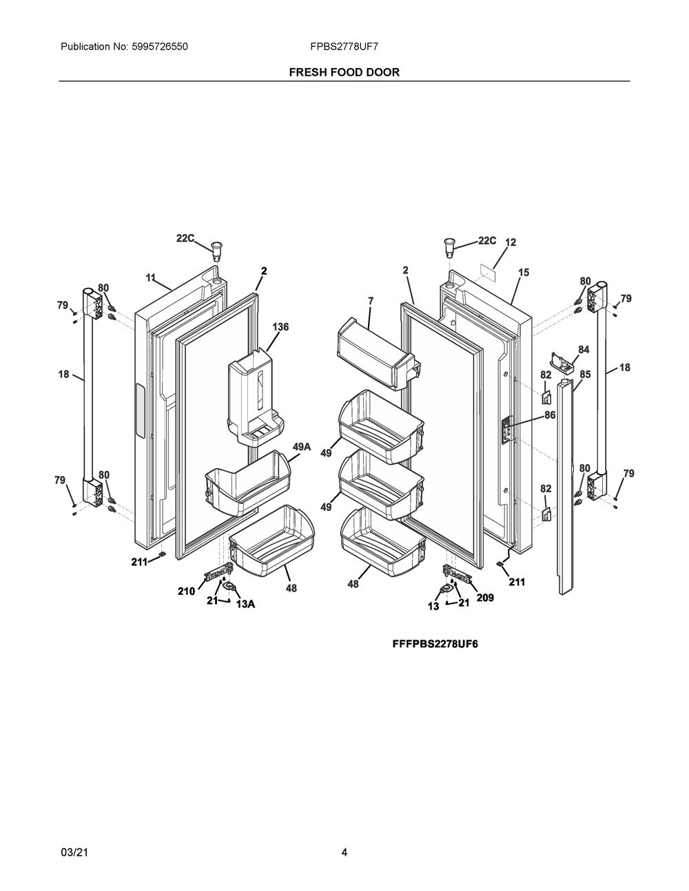 Fresh Food Door Diagram and Parts List for FPBS2778UF7  Frigidaire Refrigerator