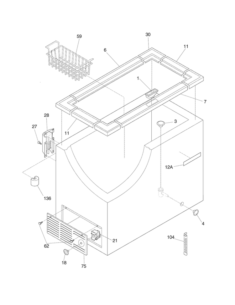 Cabinet Diagram and Parts List for KCS050LW1  Kelvinator Freezer