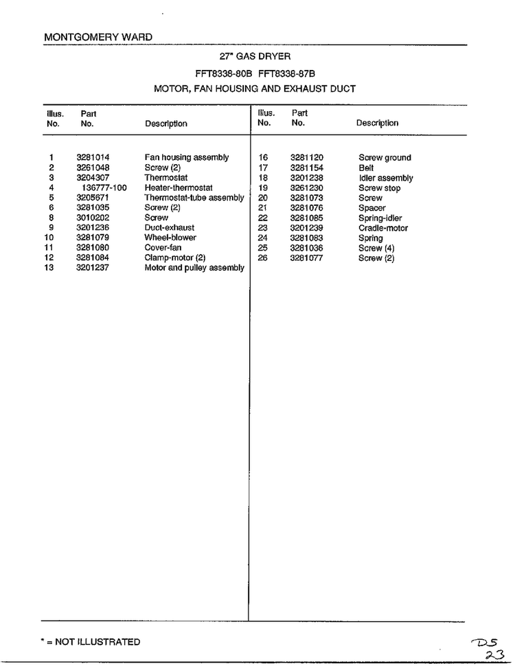 Motor, Fan Housing And Exhaust Duct Page 2 Diagram and Parts List for 8338B  Frigidaire Dryer