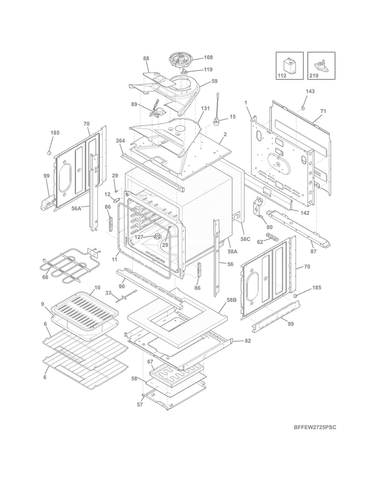 Body Diagram and Parts List for FFEW2725PBC  Frigidaire Wall Oven