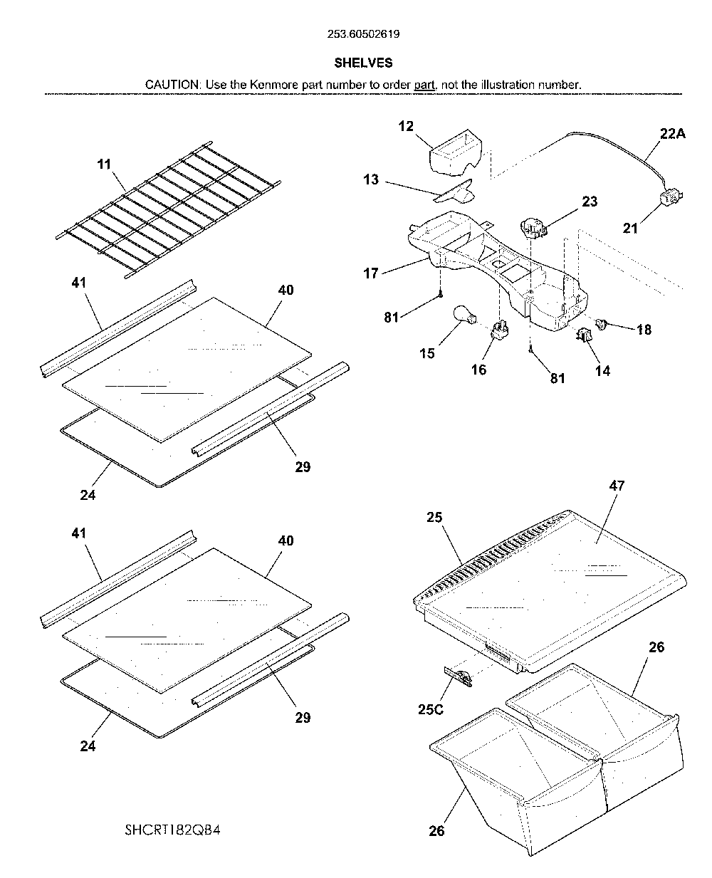 Shelves Diagram and Parts List for 25360502619  Kenmore Refrigerator
