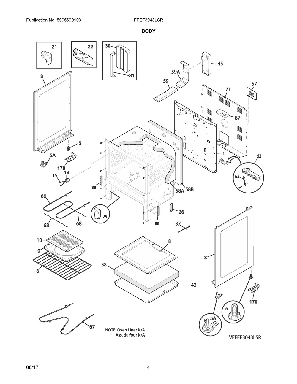 Body Diagram and Parts List for FFEF3043LSR  Frigidaire Range