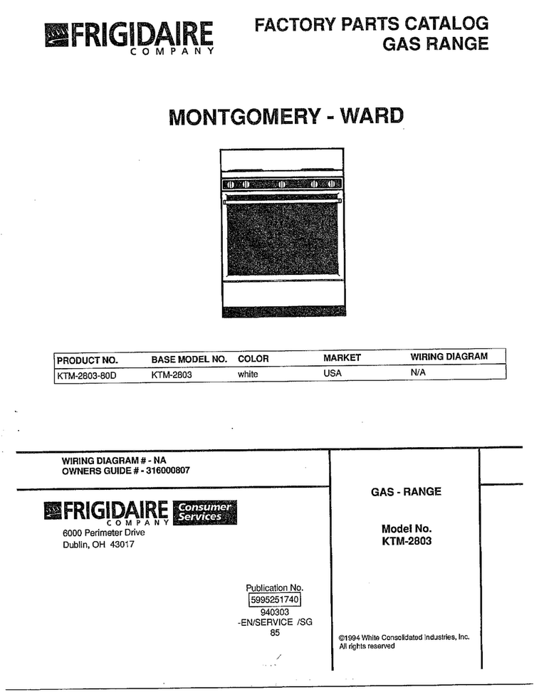 Gas Range Diagram and Parts List for KTM-2803  Frigidaire Range