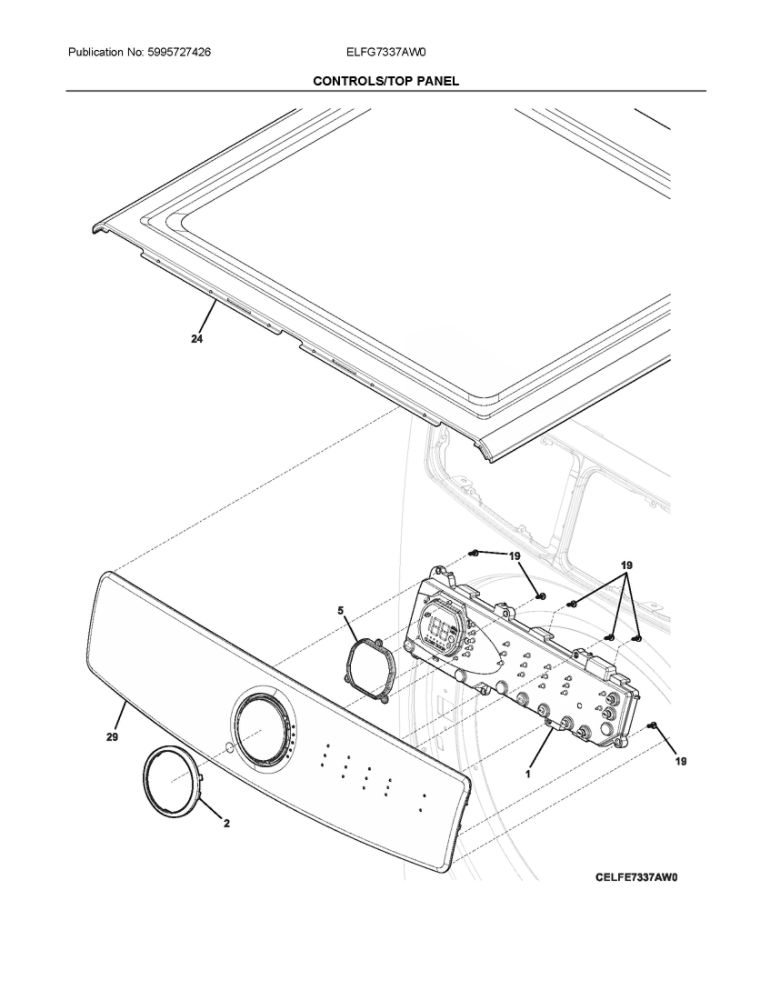 Controls/Top Panel Diagram and Parts List for ELFG7337AW0  Frigidaire Dryer