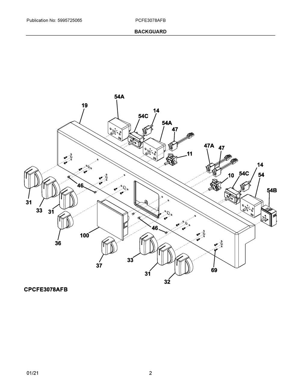 Backguard Diagram and Parts List for PCFE3078AFB  Frigidaire Range