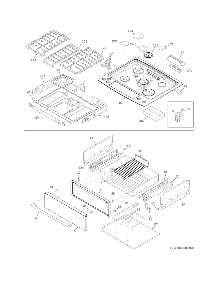 Top/drawer Diagram and Parts List for EW30GS80RSA  Electrolux Range