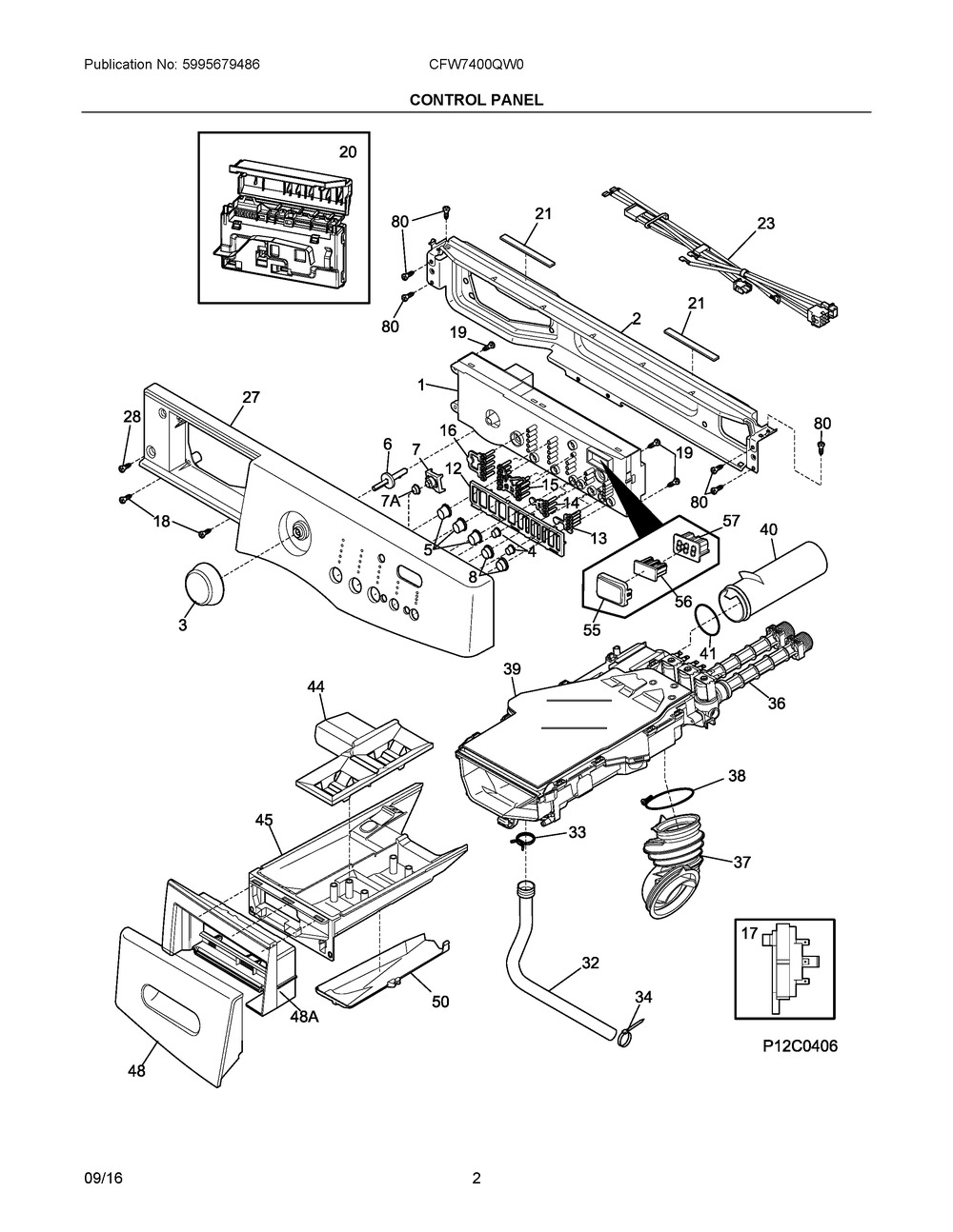 Control Panel Diagram and Parts List for CFW7400QW0  Frigidaire Washer