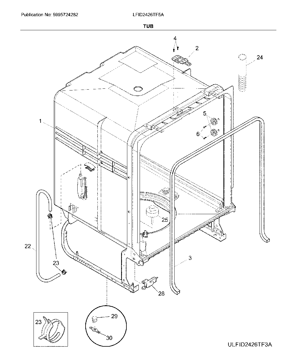 Tub Diagram and Parts List for LFID2426TF5A  Frigidaire Dishwasher