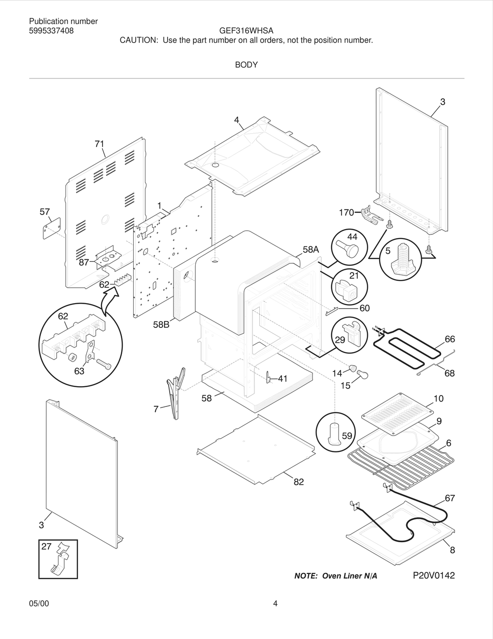 Body Diagram and Parts List for GEF316WHSA  Frigidaire Range