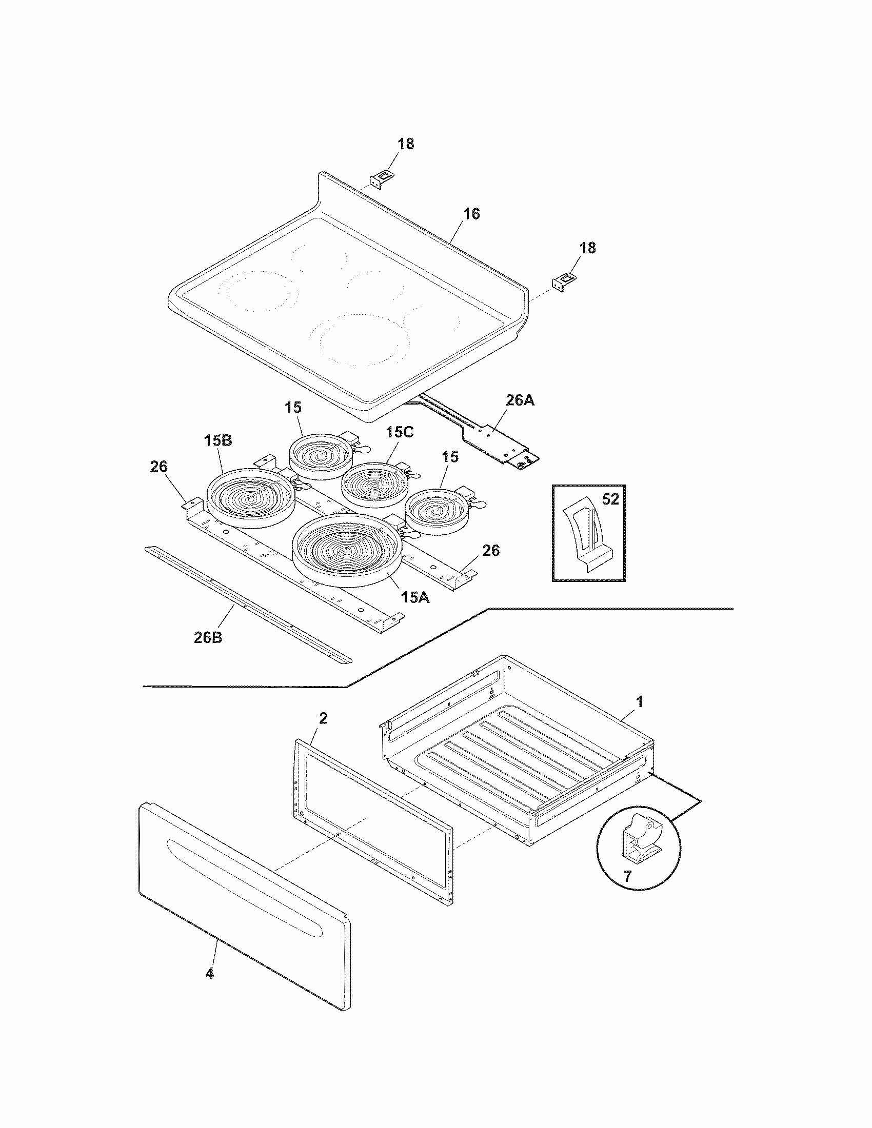 Top/drawer Diagram and Parts List for 79092402015  Kenmore Range