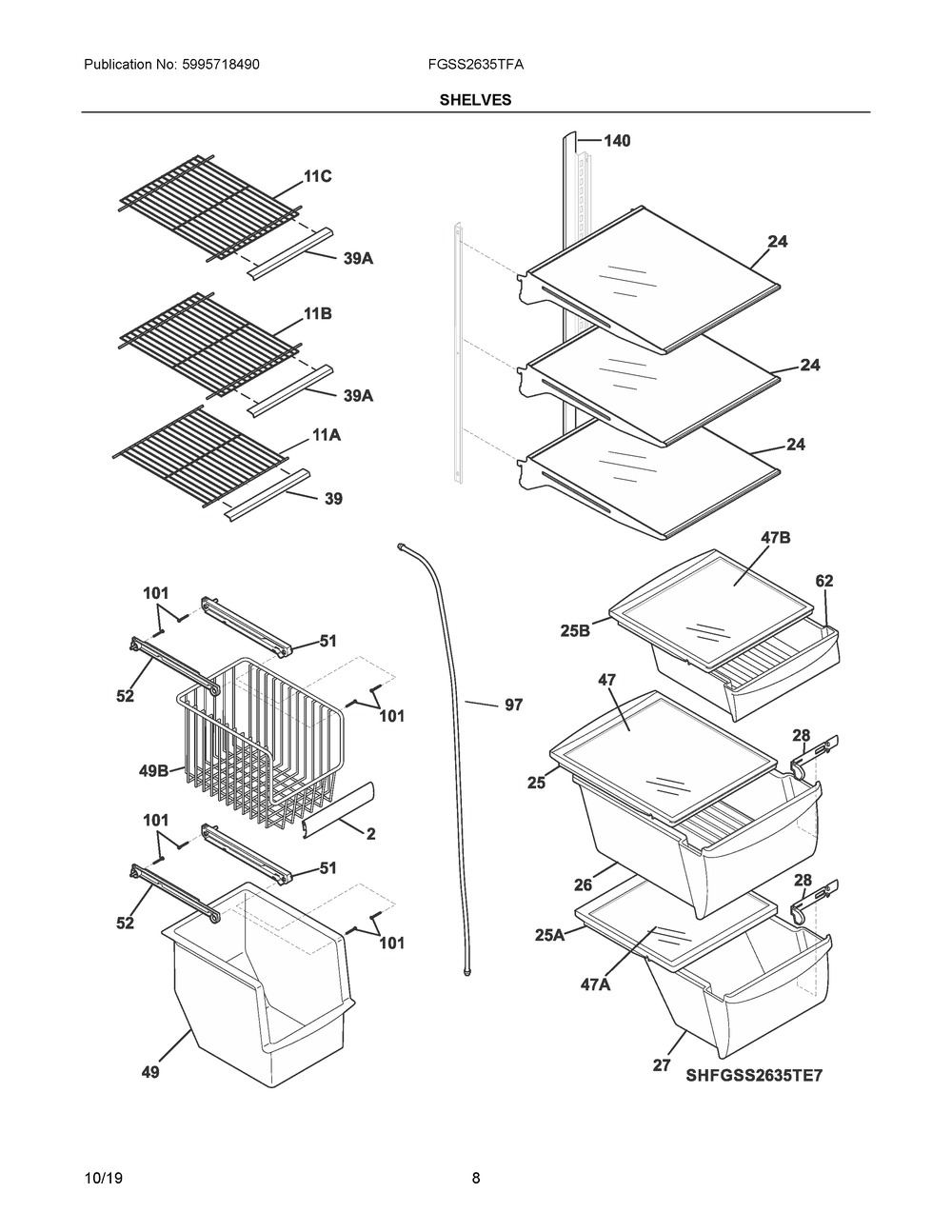 Shelves Diagram and Parts List for FGSS2635TFA  Frigidaire Refrigerator