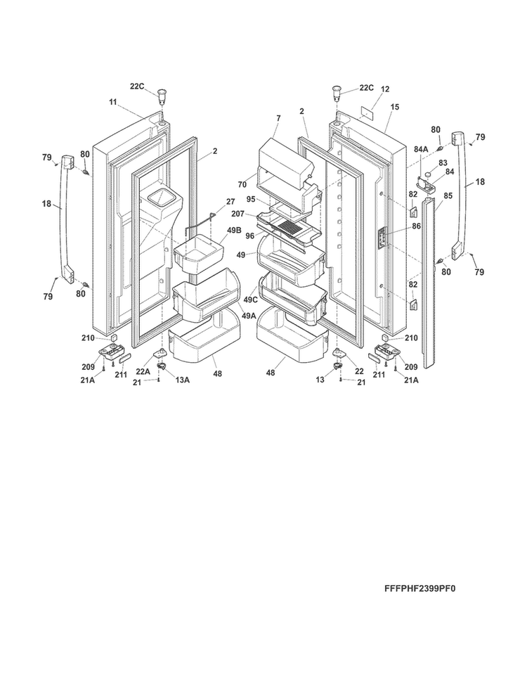Fresh Food Doors Diagram and Parts List for FPHF2399PF6  Frigidaire Refrigerator