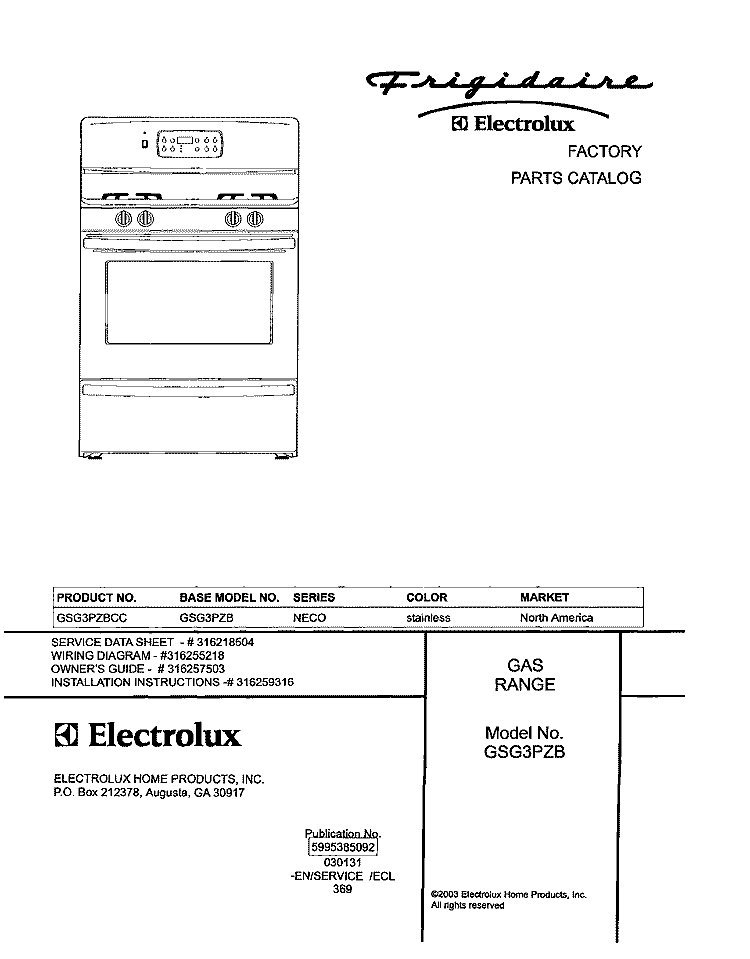 COVER Diagram and Parts List for GSG3PZBCC  Frigidaire Range