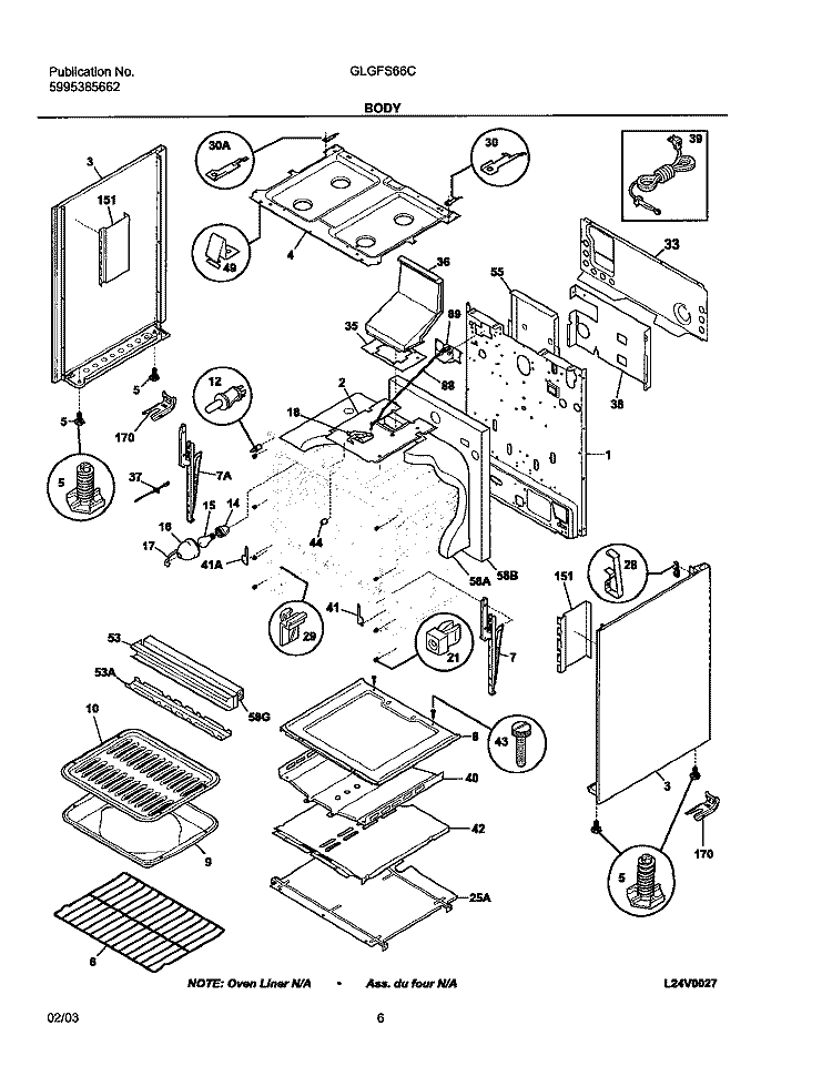 BODY Diagram and Parts List for GLGFS66CQA  Frigidaire Range