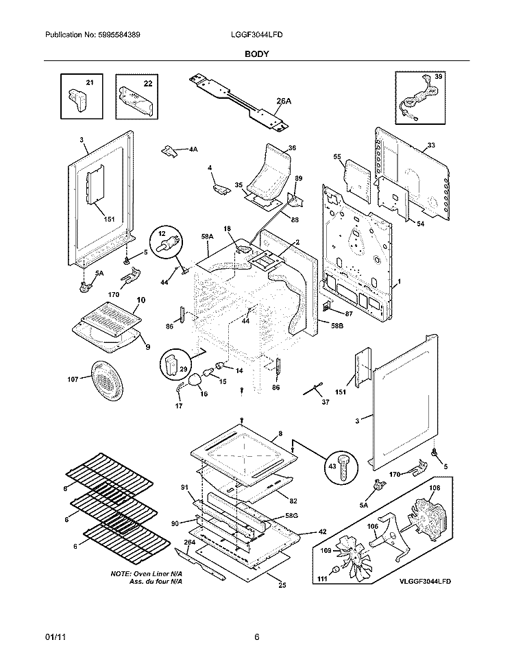BODY Diagram and Parts List for LGGF3044LFD  Frigidaire Range