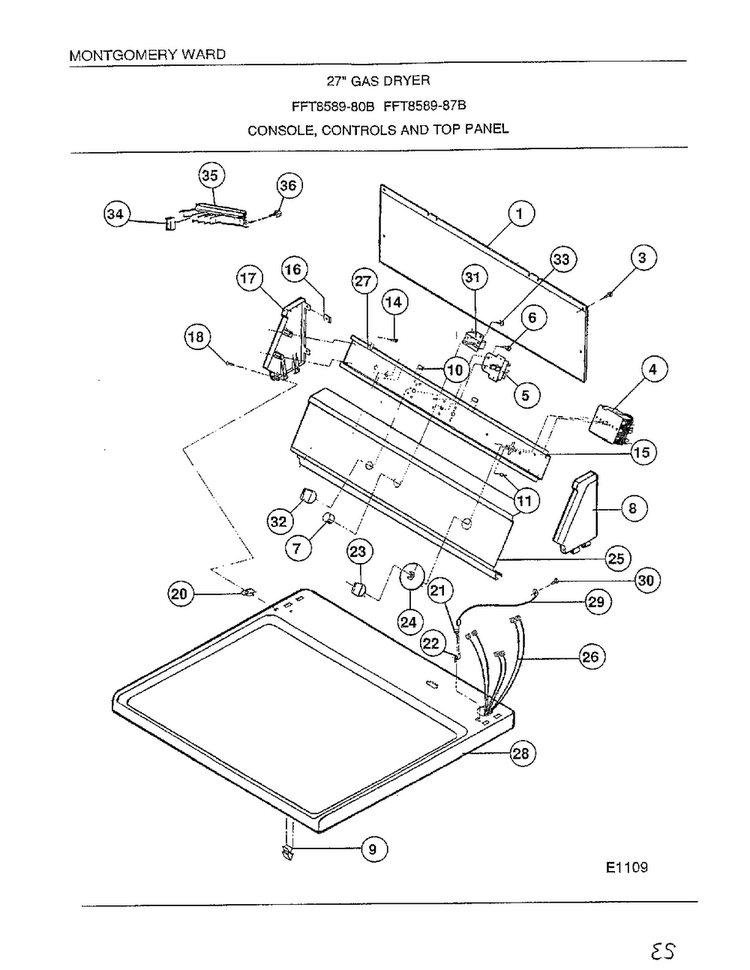 Console/controls/top Panel Diagram and Parts List for 8589-87B  Frigidaire Dryer