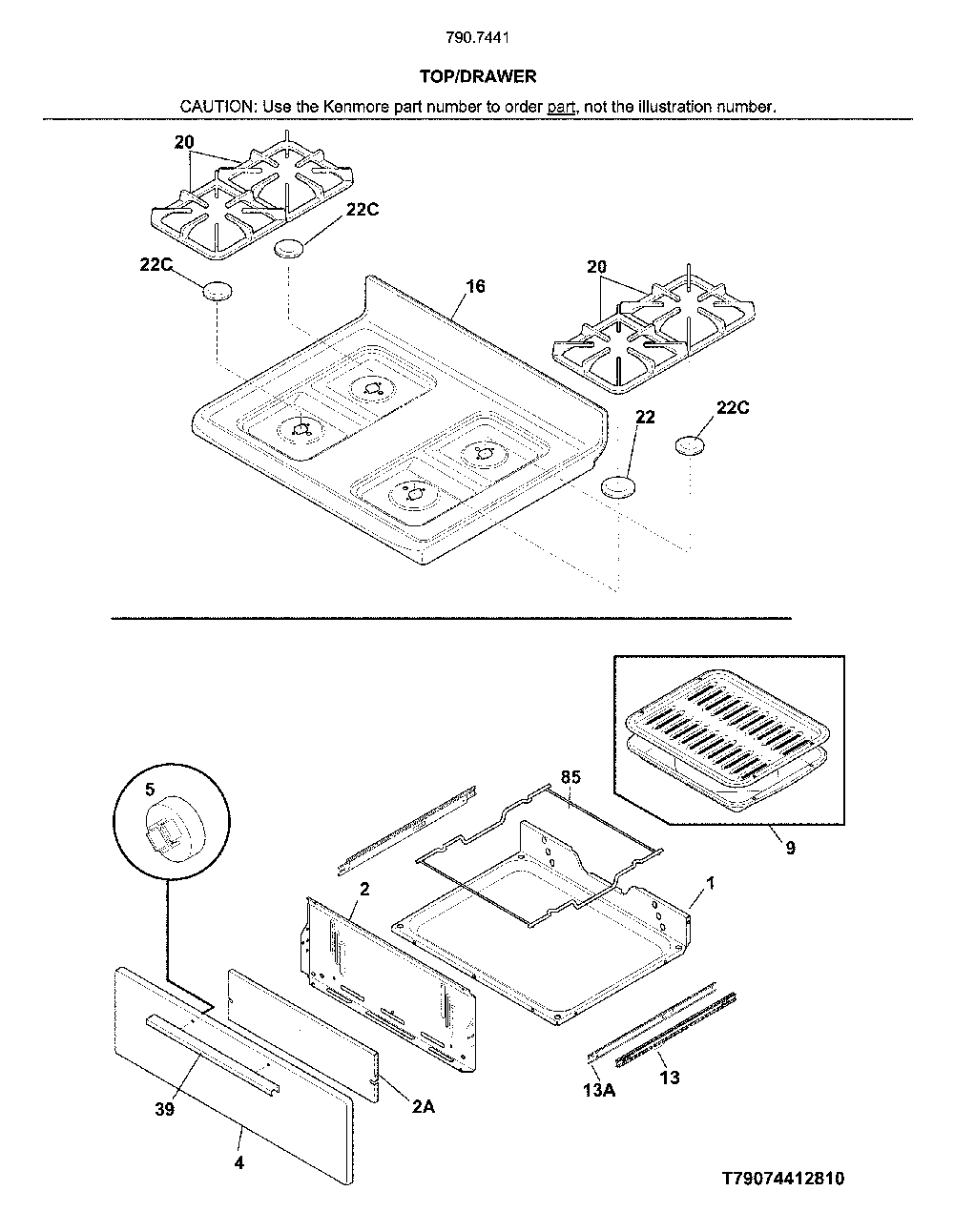 Top/drawer Diagram and Parts List for 79074412810  Kenmore Range