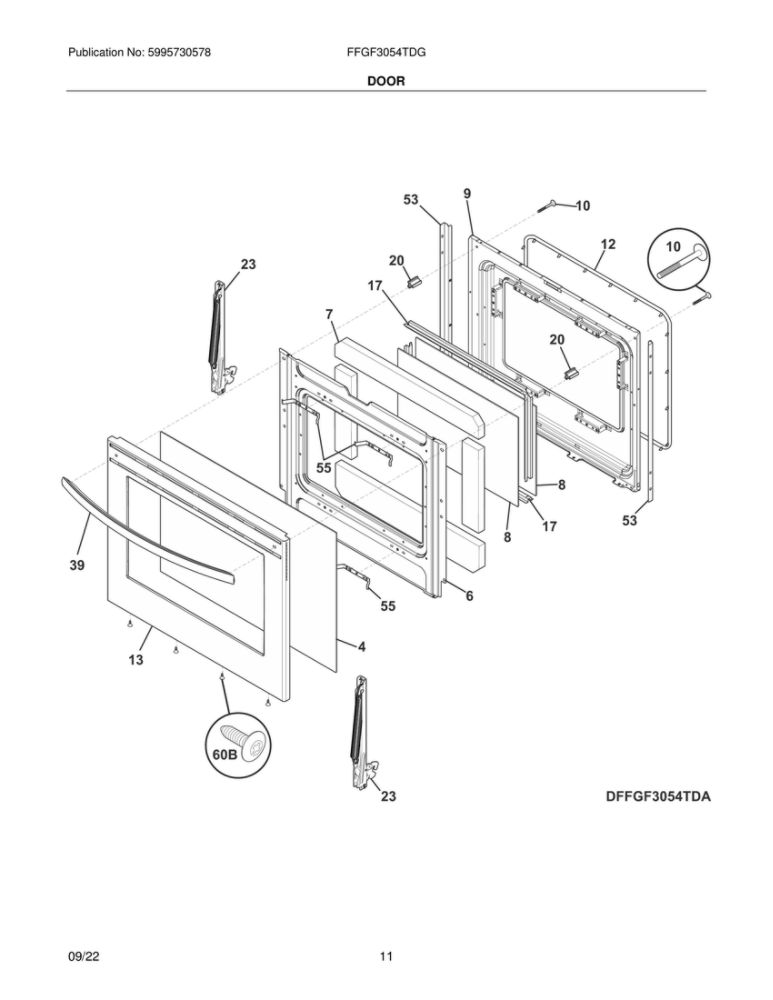 Door Diagram and Parts List for FFGF3054TDG  Frigidaire Range