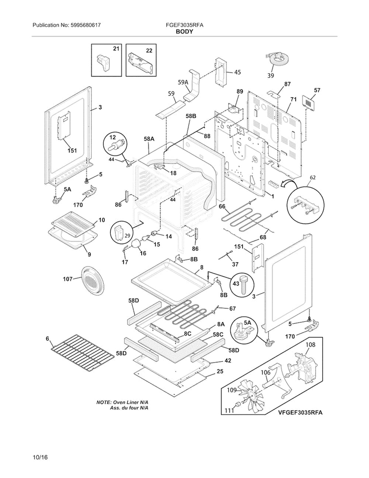 Body Diagram and Parts List for FGEF3035RFA  Frigidaire Range