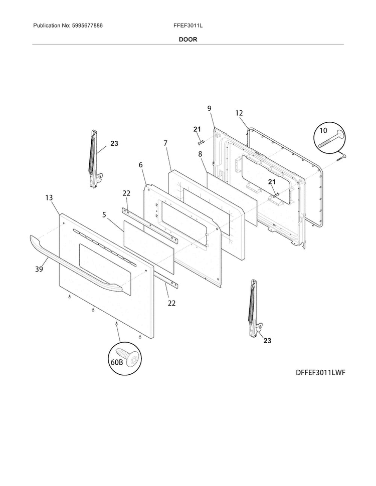 Door Diagram and Parts List for FFEF3011LBH  Frigidaire Range