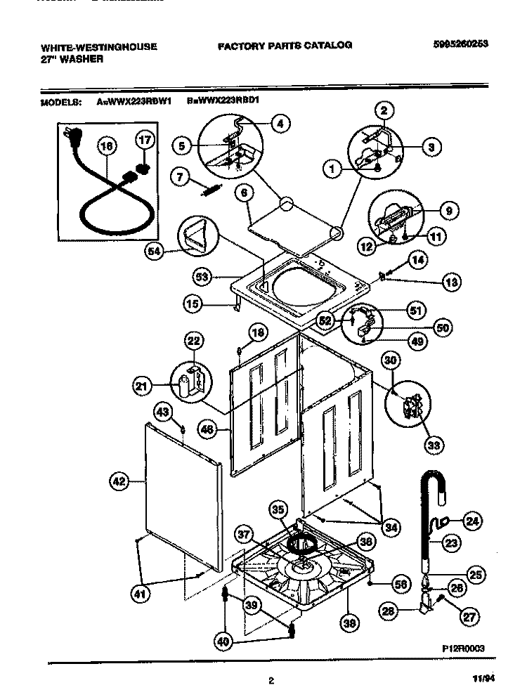CABINET, TOP PANEL, BASE Diagram and Parts List for WWX223RBD1  Frigidaire Washer