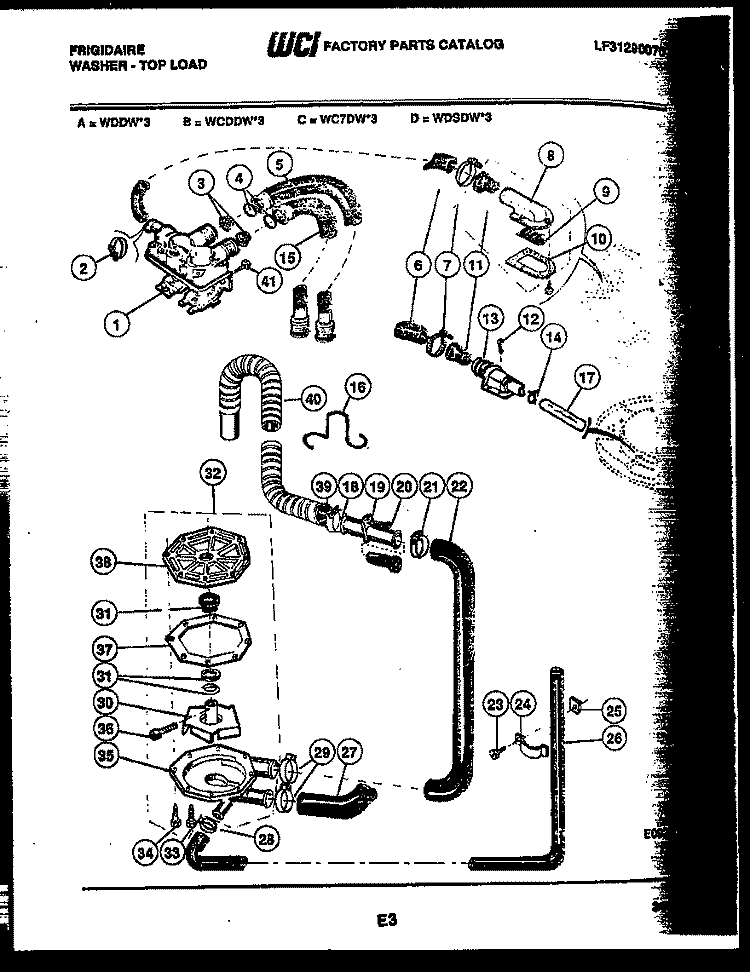 PUMP, WATER VALVE AND WATER INLET Diagram and Parts List for WC7DL3  Frigidaire Washer