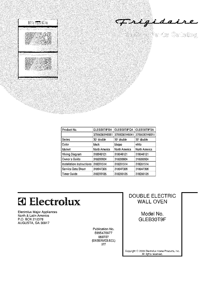 COVER Diagram and Parts List for GLEB30T9FQA  Frigidaire Wall Oven