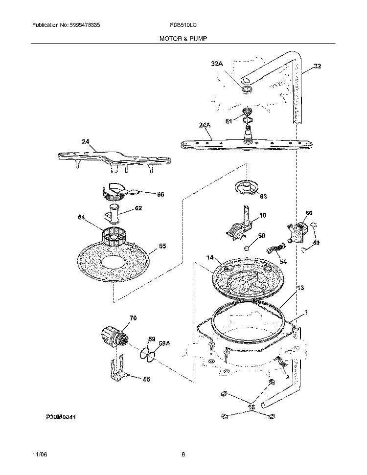 MOTOR & PUMP Diagram and Parts List for FDB510LCS3  Frigidaire Dishwasher