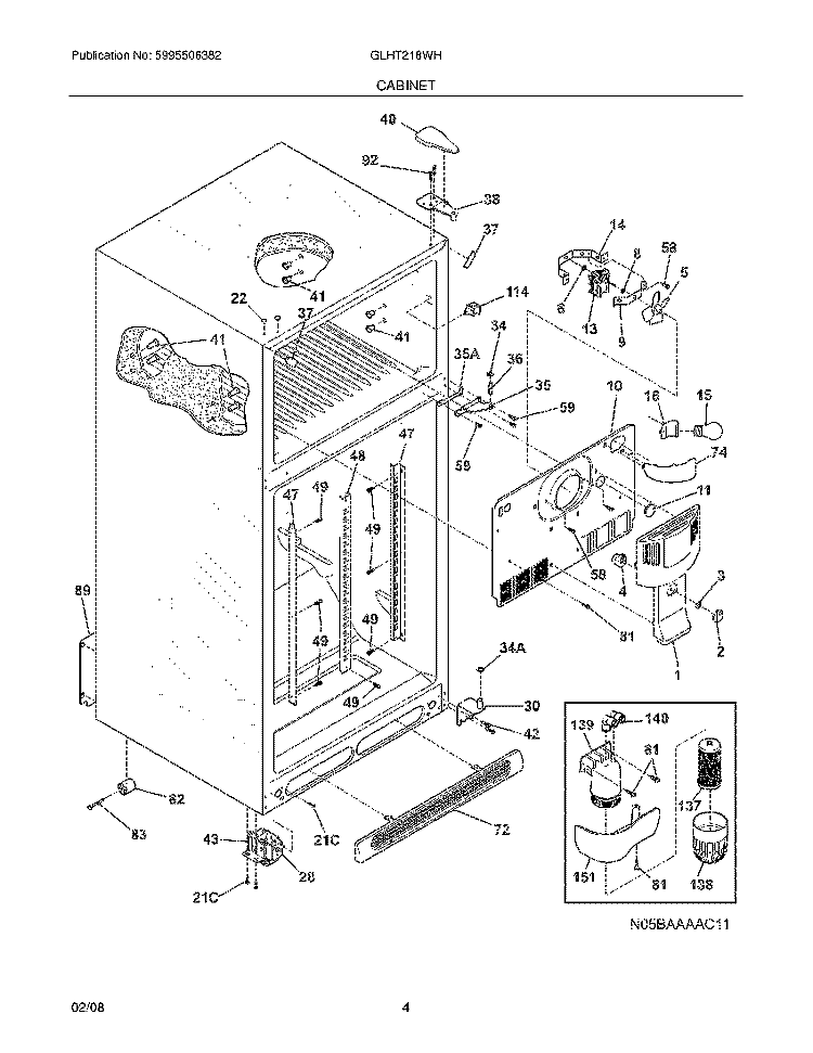 CABINET Diagram and Parts List for GLHT218WHB2  Frigidaire Refrigerator