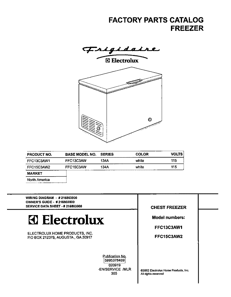 COVER Diagram and Parts List for FFC13C3AW1  Frigidaire Freezer
