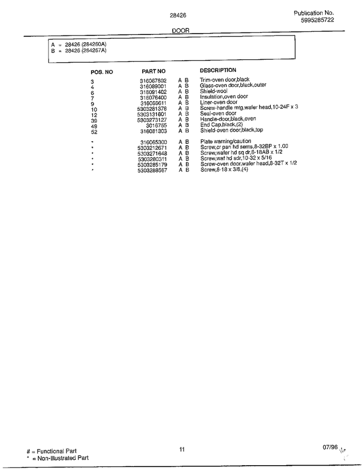 Door Page 2 Diagram and Parts List for 284260A  Frigidaire Range