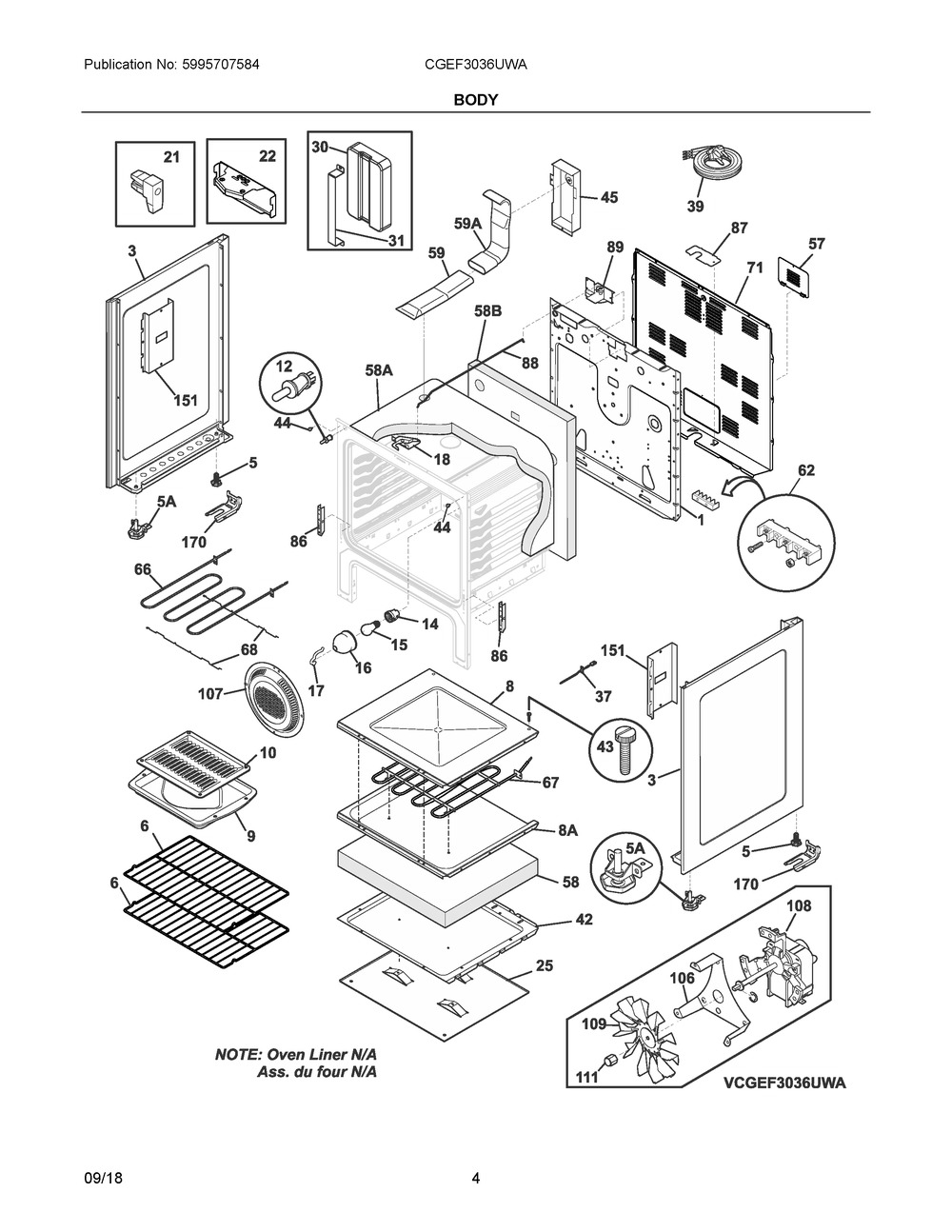 Body Diagram and Parts List for CGEF3036UWA  Frigidaire Range