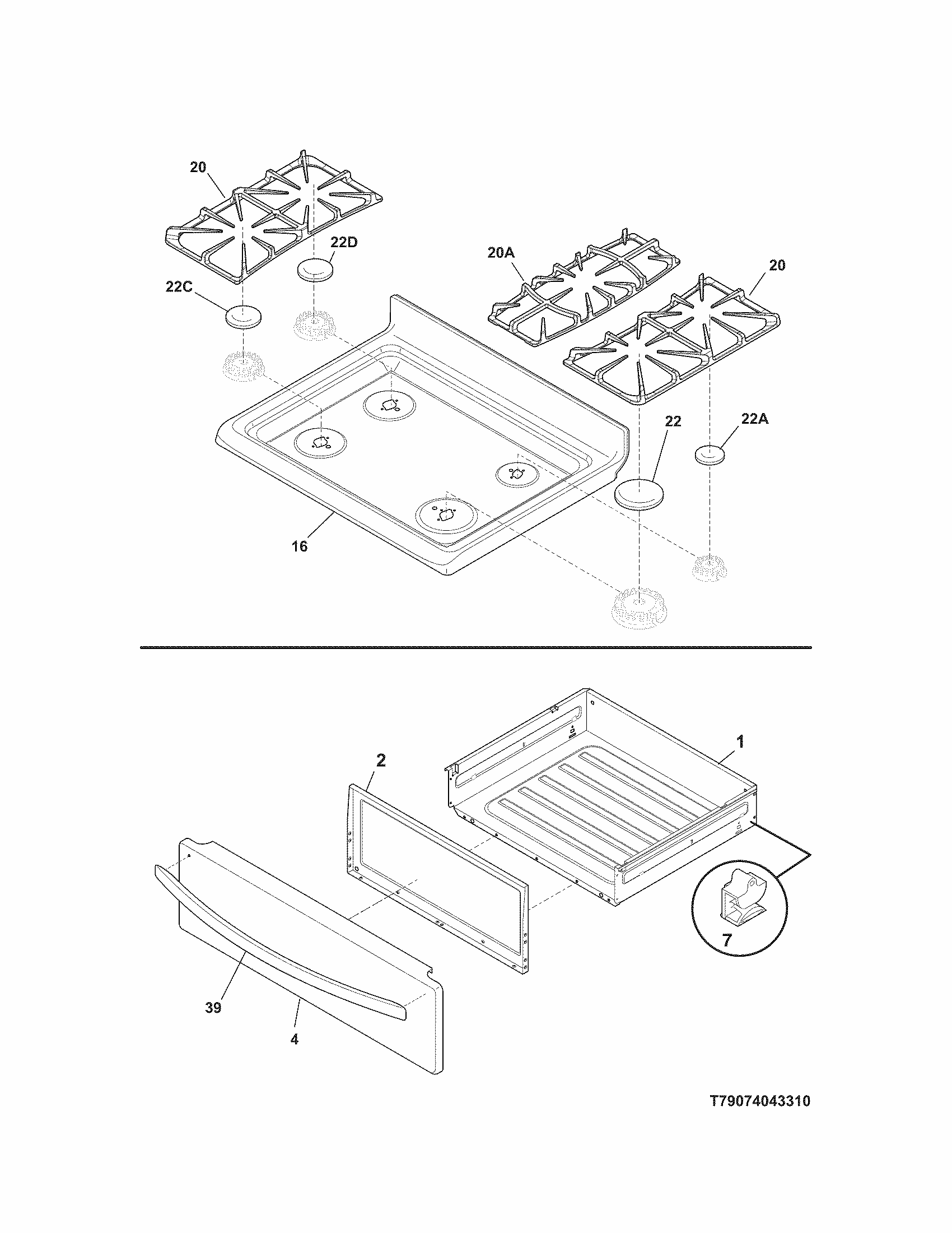Top/drawer Diagram and Parts List for 79074043310  Kenmore Range