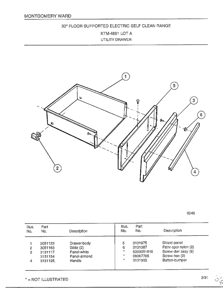 Utility Drawer Diagram and Parts List for 4891A  Frigidaire Range