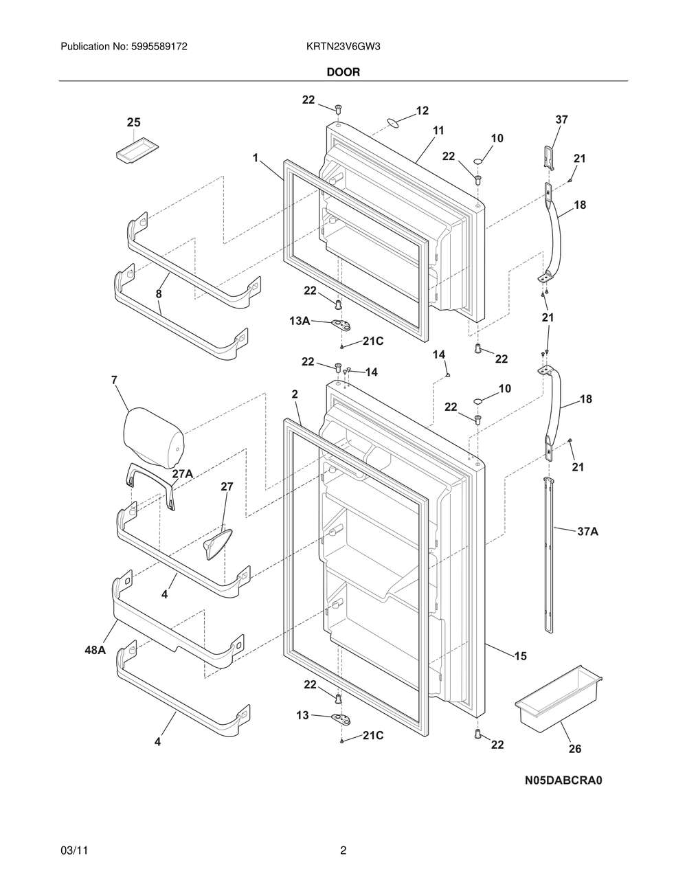 Door Diagram and Parts List for KRTN23V6GW3  Frigidaire Refrigerator