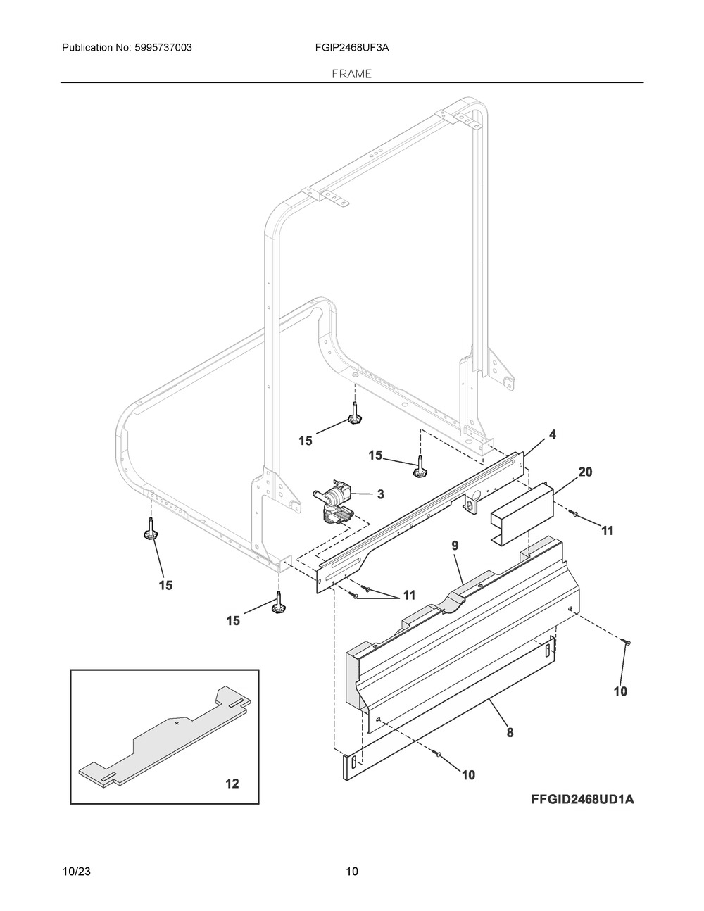 Frame Diagram and Parts List for FGIP2468UF3A  Frigidaire Dishwasher