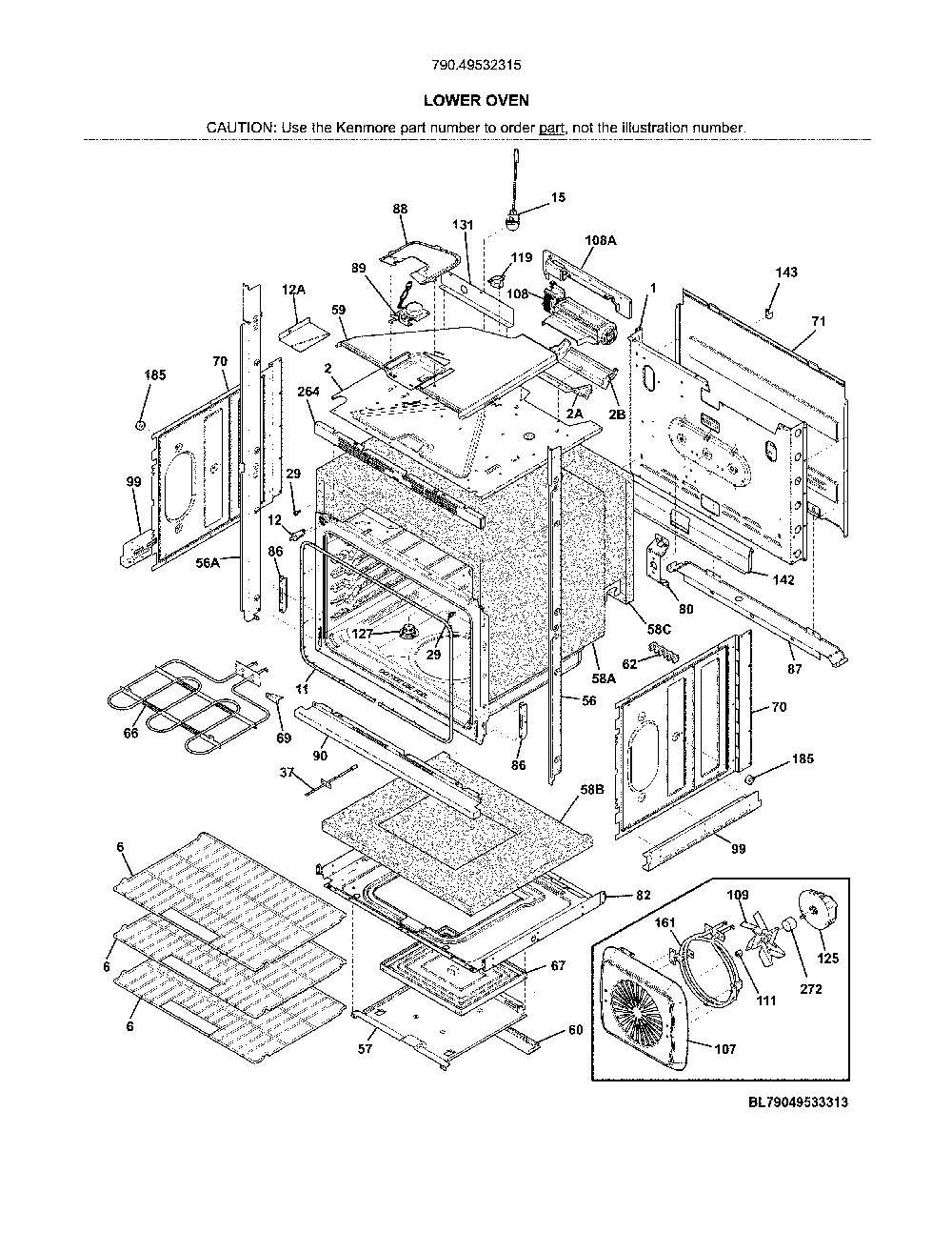 Lower oven Diagram and Parts List for 79049532315  Kenmore Wall Oven