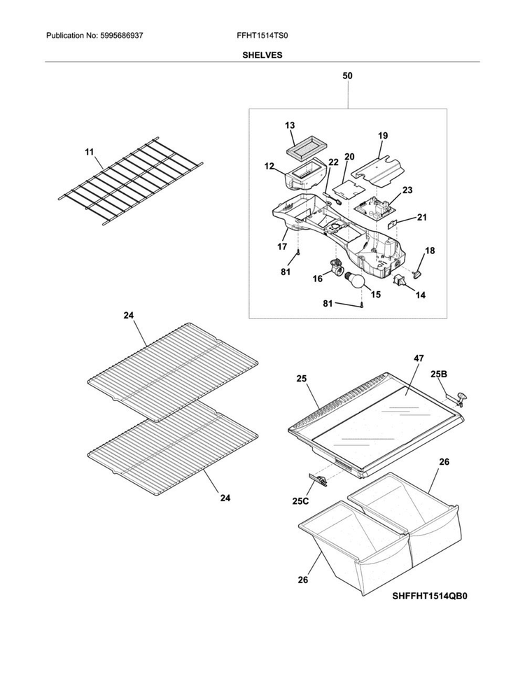 Shelves Diagram and Parts List for FFHT1514TS0  Frigidaire Refrigerator