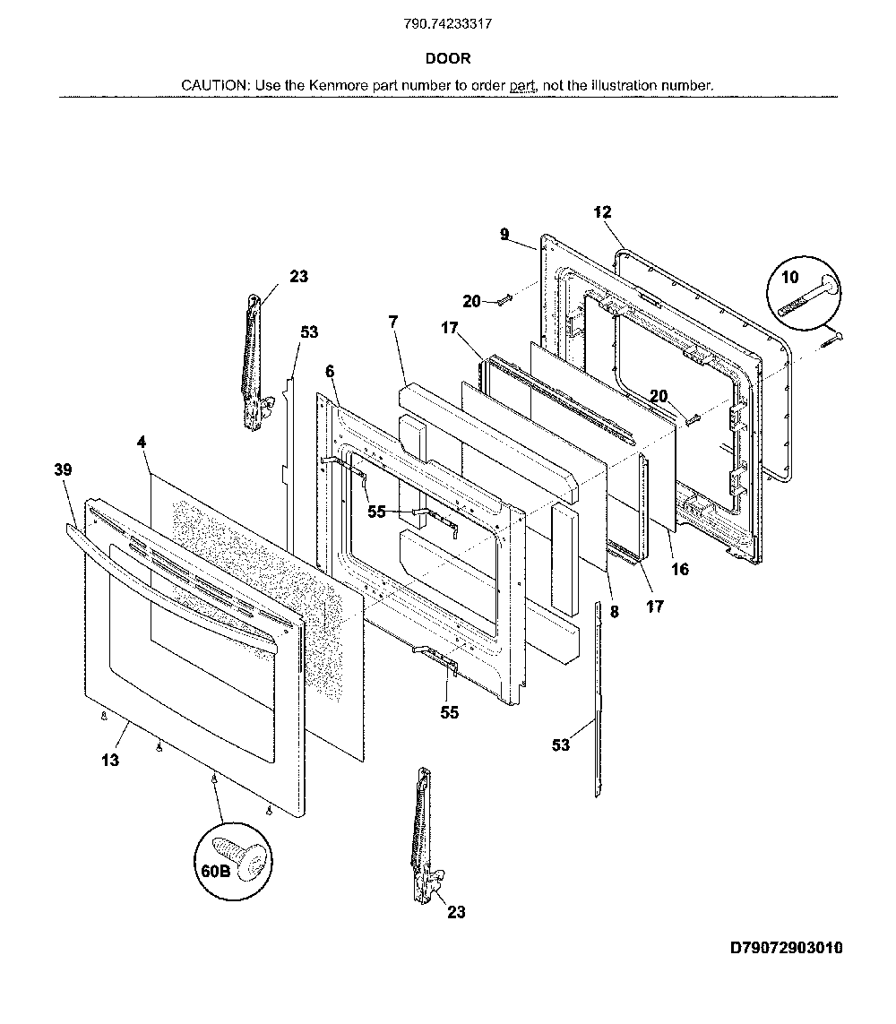 Door Diagram and Parts List for 79074233317  Kenmore Range