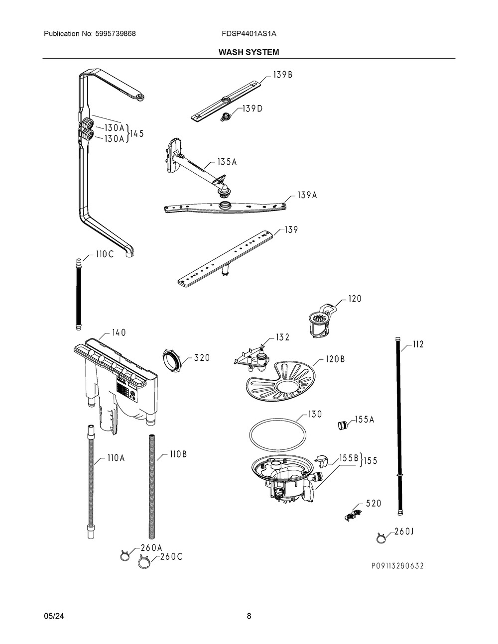 Wash System Diagram and Parts List for FDSP4401AS1A  Frigidaire Dishwasher