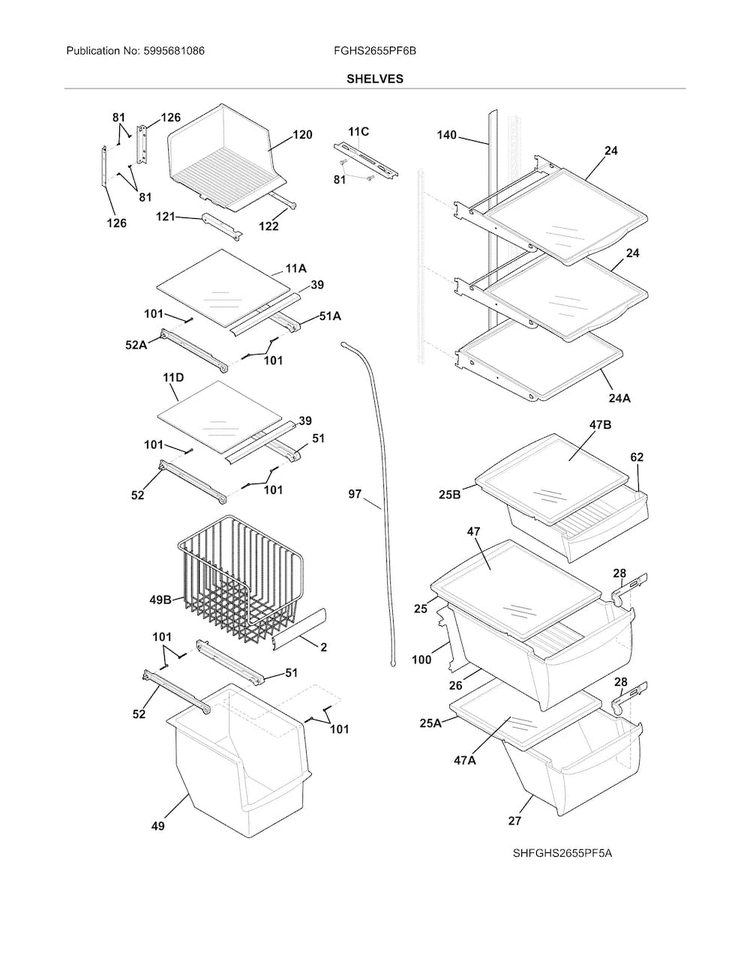 Shelves Diagram and Parts List for FGHS2655PF6B  Frigidaire Refrigerator
