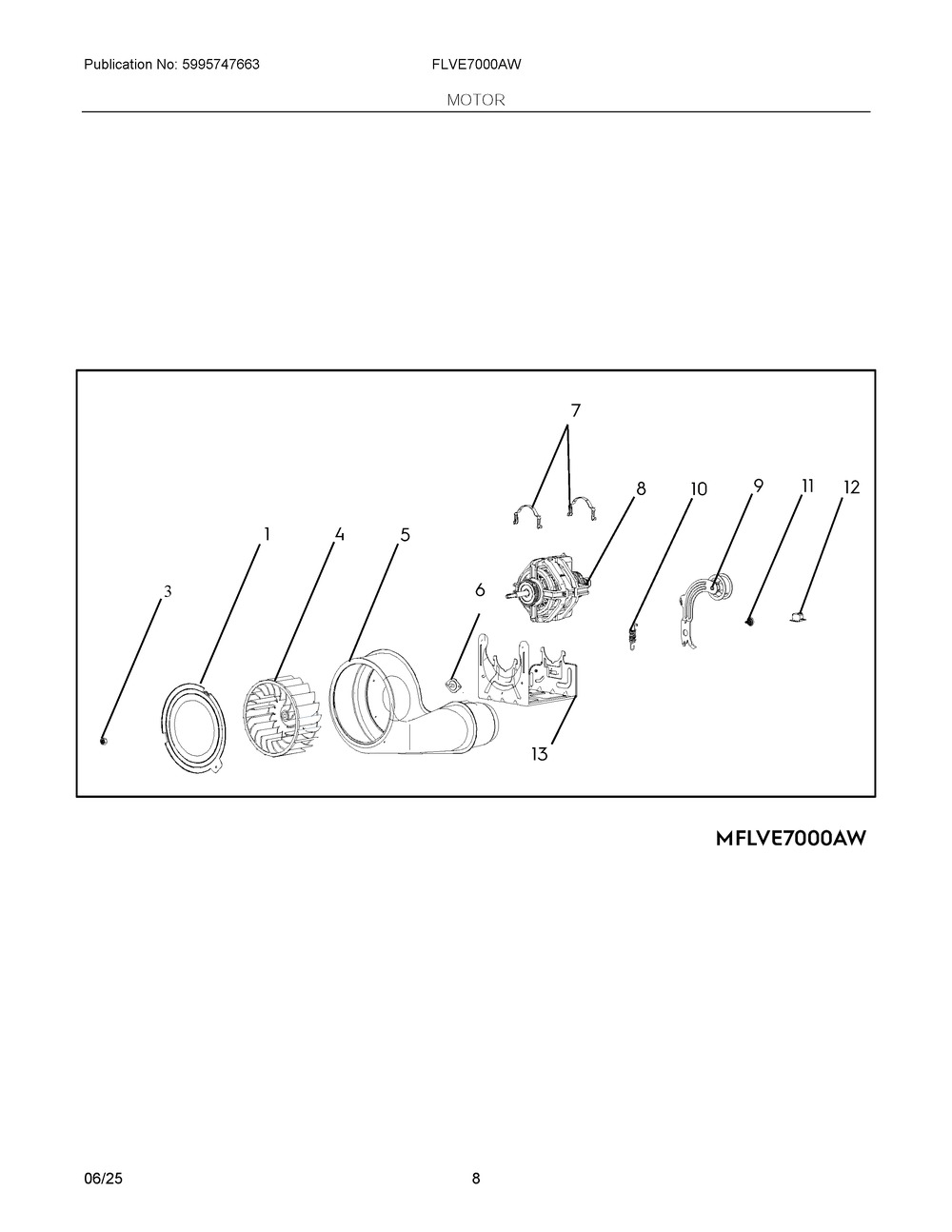 Motor Diagram and Parts List for FLVE7000AW  Frigidaire Dryer